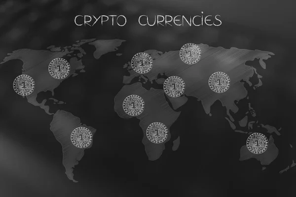 world map covered in crypto coins