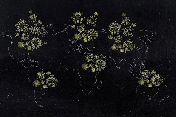 wolrld map covered with fireworks in all continents