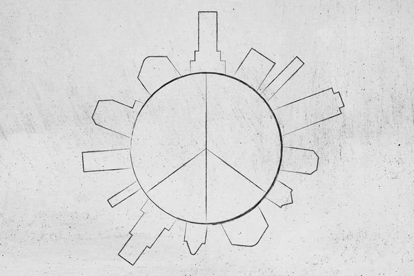 Mundo com símbolo de paz e edifícios ao redor — Fotografia de Stock