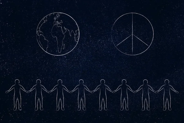 line of people holding hands and world with peace symbol above t