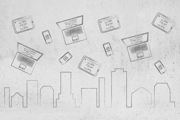 Stadtsilhouette mit Laptops und Geräten mit Arbeit von zu Hause aus — Stockfoto