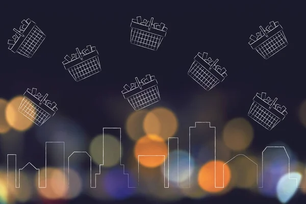 City skyline with shopping baskets full of items flying above it — Stock Photo, Image