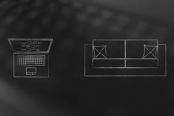 ソファの横にある画面に本文から仕事のラップトップ — ストック写真