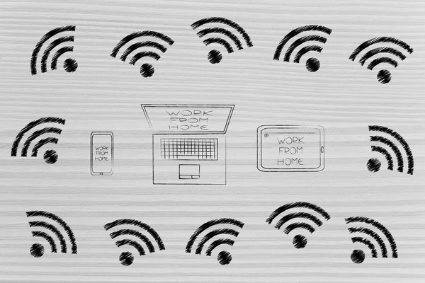 Apparaten met werk van huis tekst op het scherm omringd door wi-fi ik — Stockfoto