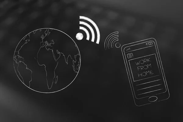 Wereldbol met wi-fi signaal krijgen via smartphone met werk — Stockfoto