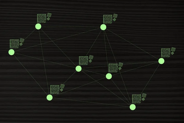 Rete con pacchetti di dati e linee tratteggiate che li collegano — Foto Stock