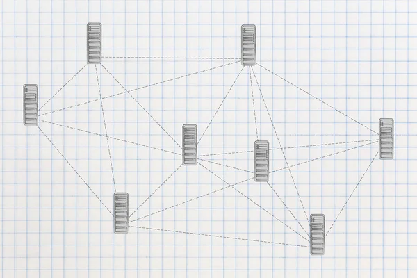 Network with database servers and dashed lines connecting them — Stock Photo, Image