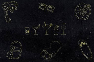 tatil ile ilgili simgeler tarafından çevrili kokteyller