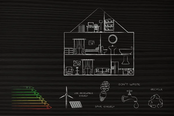 能源效率评级图旁边的生态图标与房子 — 图库照片