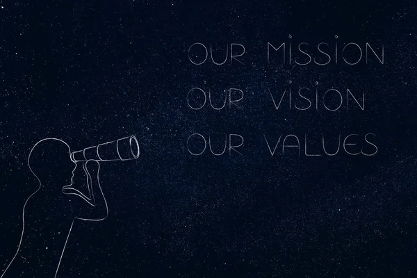 our mission, vision or values text next to man with monocle look