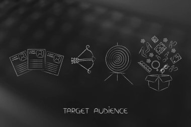 İleri ok ve ürünlerin kutusu ile hedef için müşteri profilleri