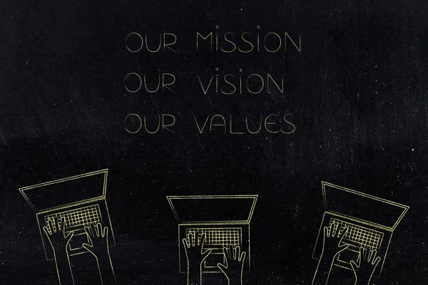 our mission, our vision, our values policy text with team of lap