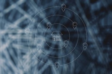 geolocalisation etiketi ile çevrili ev