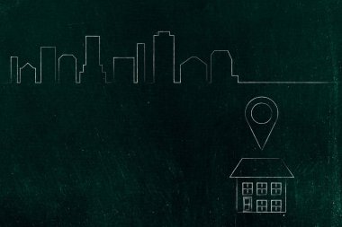 adam içinde geolocalisation etiketi ve şehir manzarası ile ev