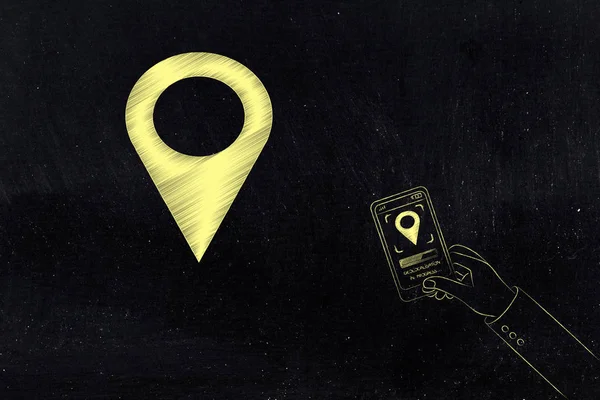 Icono GPS y usuario con smartphone y símbolo de ubicación en pantalla —  Fotos de Stock