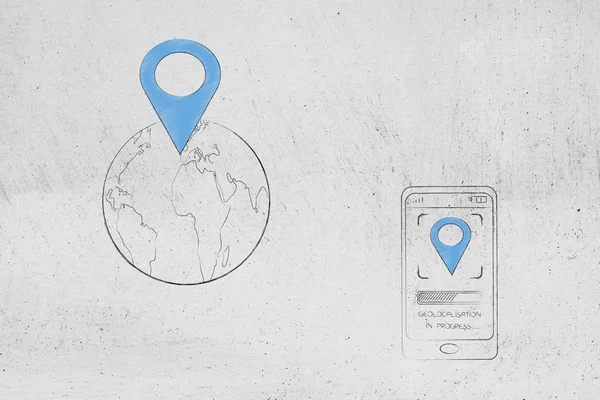 Icono GPS en todo el mundo junto al teléfono inteligente con simbo ubicación — Foto de Stock
