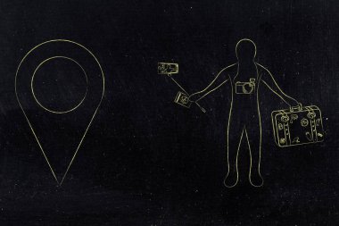turist Bagaj ve selfie sopa ile simgenin GPS