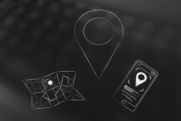 GPS-Symbol neben Papierkarte und Smartphone — Stockfoto