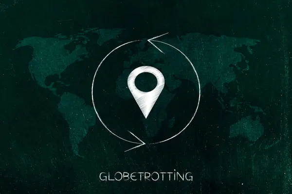 Gps pin, окруженный повторяющимся знаком над наложением карты мира, globet — стоковое фото