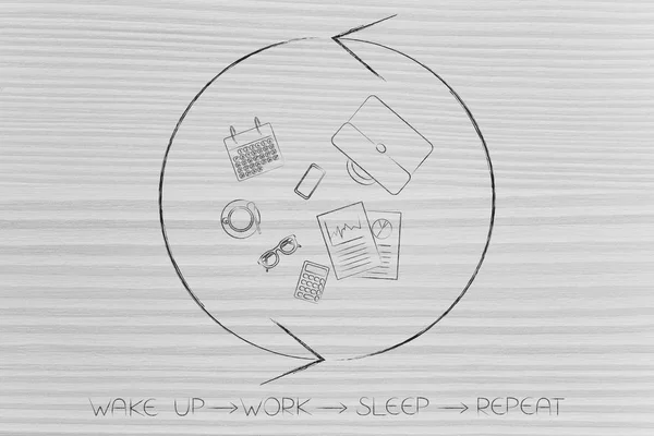 Aufwachen Arbeit Schlaf wiederholen Büroobjekte mit Wiederholungszeichen herum — Stockfoto