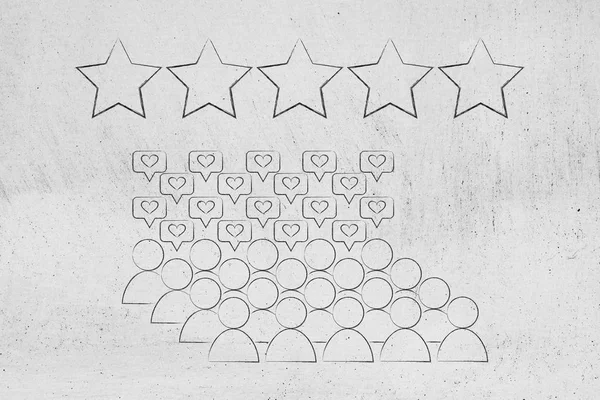 crowd with like icons and 5 star rating on them