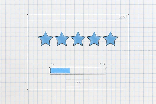 Great review loading pop-up with progress bar and five star rati — Stock Photo, Image