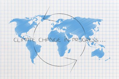 İklim değişikliği Dünya Haritası resim yazısı ve çapında okları iplik ile