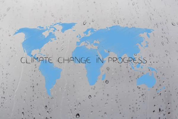 climate change world map with caption over rain droplets backgro
