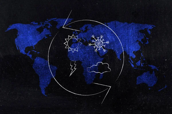 climate change weather icons with spinning arrows over world map