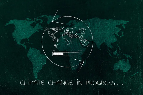 climate change world map with weather icons and spinning arrows