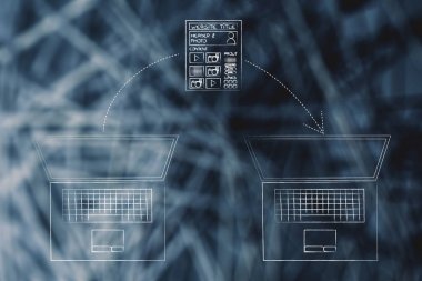 dizüstü bilgisayar ve bir diğerine taşınan ok ile Web sitesi