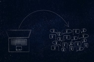 laptop ile ok dışarı ve konuşma balonları fikirlerle grup