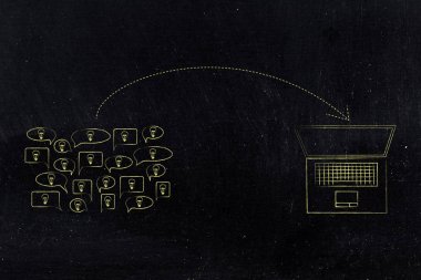 o ve konuşma balonları w grup doğru ok ile dizüstü bilgisayar