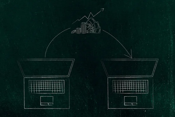 Portátil y dinero con flecha moviéndose de uno a otro — Foto de Stock