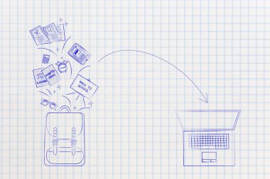 ileti örneği ve bir tur doğru işaret eden ok ile okul sırt çantası