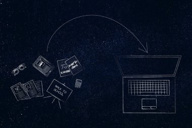 okul kırtasiye ve bir dizüstü bilgisayar doğru dönük ok