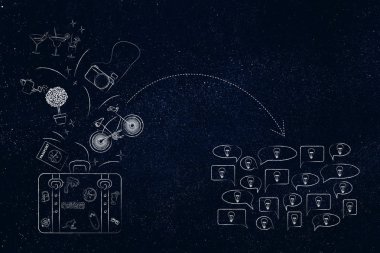 Bagaj seyahat nesneleri ve bir grup o doğru işaret eden ok ile