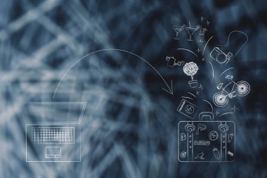 dizüstü bilgisayar ve bir Bagaj ile doğru işaret eden ok nesneleri seyahat