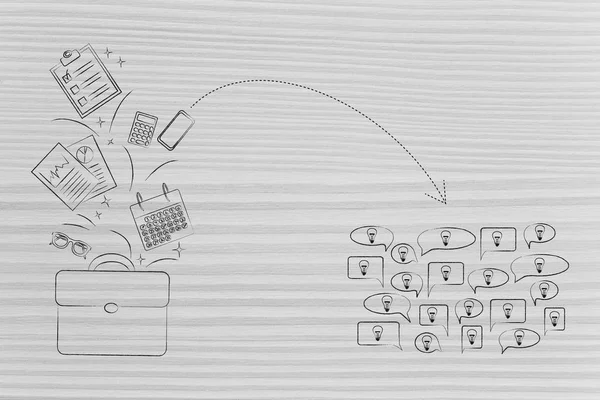 带箭头指向组的办公室包和工作对象 — 图库照片