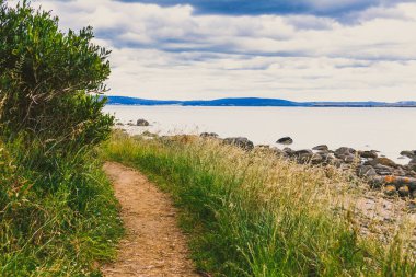 Hobart, Tasmanya ıssız Beach'te kayalar ve walkpath t