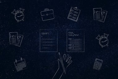 taslak nihai belge sayfalarına kalem sur tutan el ile üzerinden