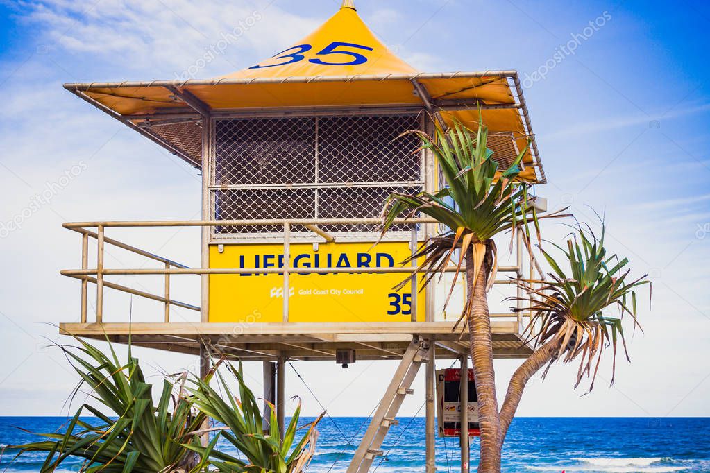 lifeguard huts on the beach in Surfers Paradise in Gold Coast