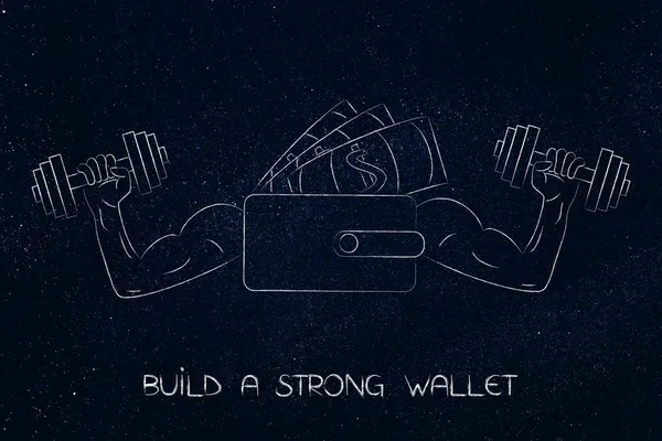 Stark plånbok med kontanter och med muscled armar holding hantlar — Stockfoto