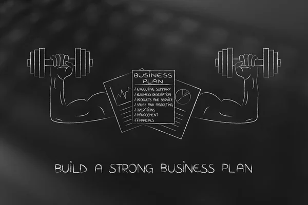 Strong business plan with muscled arms lifting dumbbells — Stock Photo, Image