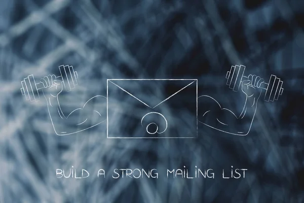 strong mailing list email symbol with muscled arms holding dumbb