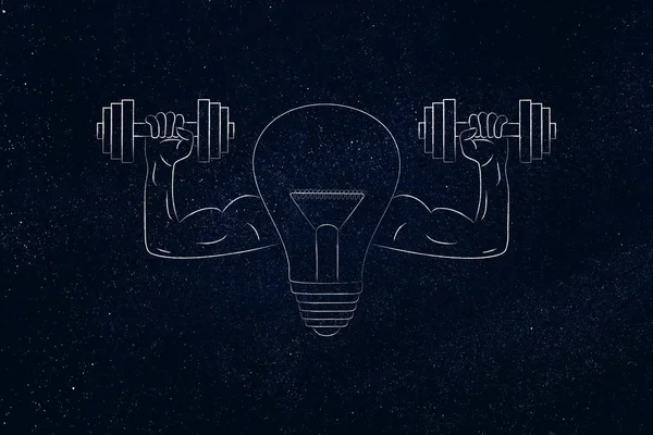 Strong idea light bulb symbol with muscled arms holding dumbbel — Stock Photo, Image
