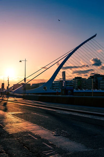 Weergave van Dublin's beroemde Samuel Beckett brug over de rivier Lif — Stockfoto