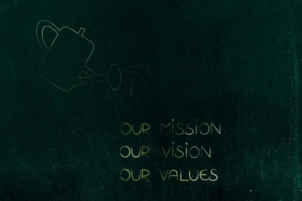 Gießkanne und Business Mission Vision Werte Text going green — Stockfoto