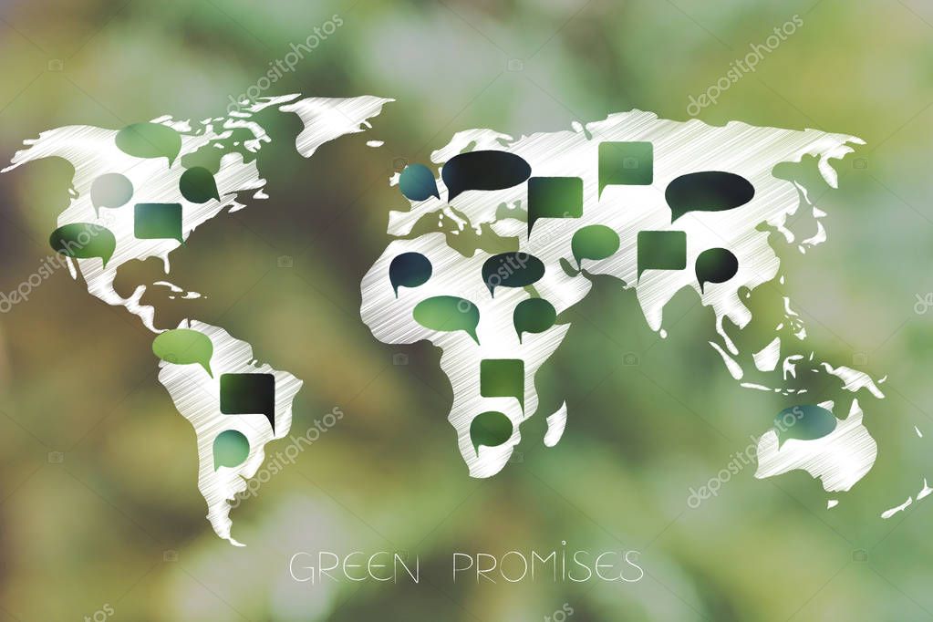world map with green speech bubbles representing environmentally