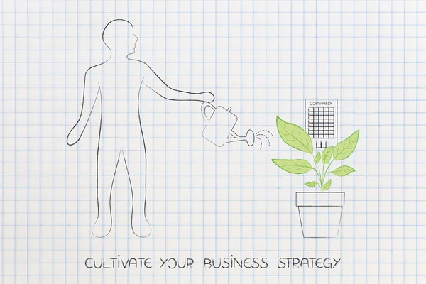 Επιχειρηματική στρατηγική ανάπτυξη, άνθρωπος πότισμα ένα φυτό με εταιρεία gro — Φωτογραφία Αρχείου